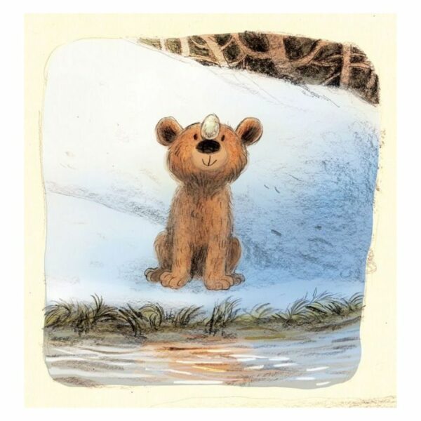 Ilustracija medvjedića s kamenom na nosu pored vode