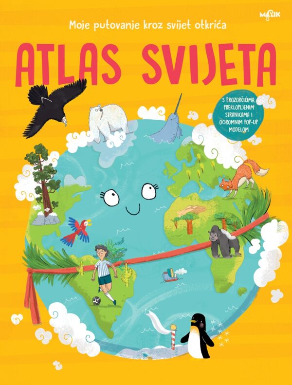 Ilustrirana naslovnica Atlasa svijeta s globusom i životinjama