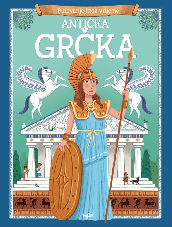 Ilustracija ratnice antičke Grčke ispred hrama s krilatim konjima