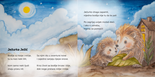 Ilustracija ježurka uz majku ispred kuće pod mjesečinom